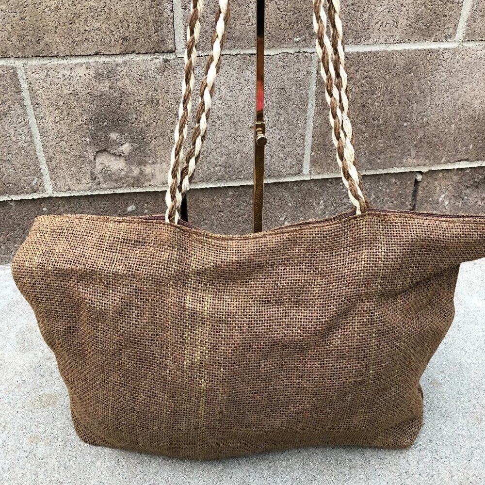 Oversized Raffia Burlap Purse Shoulder Hand Bag Women's Brown Zipper Jute - Picture 3 of 13